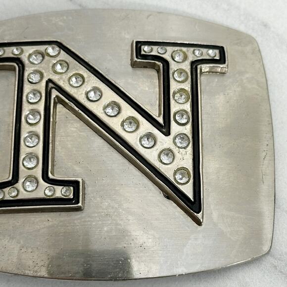 Rhinestone Studded N Letter Initial Monogram Silver Tone Belt Buckle - Picture 3 of 14